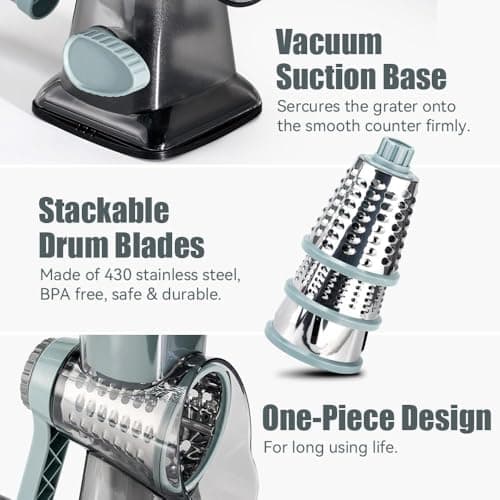 KEOUKE Rotary Cheese Grater Hand Crank Transparent - Shredder Slicer Grinder 3 Stainless Steel Blades, Stable Suction, Labor-Saving Handle, Safe Kitchen Tool for Cheese, Vegetable, Nuts, Chocolate 5