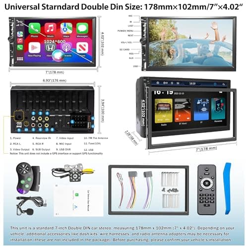 Upgrade Wireless 7" Double Din Car Stereo with Apple CarPlay Android Auto 178 * 102mm,Touchscreen Car Play Radio for Car,Screen for Bluetooth 5.2, Weatherproof Backup Camera,FM,AUX,Card Slot,USB,SWC 6