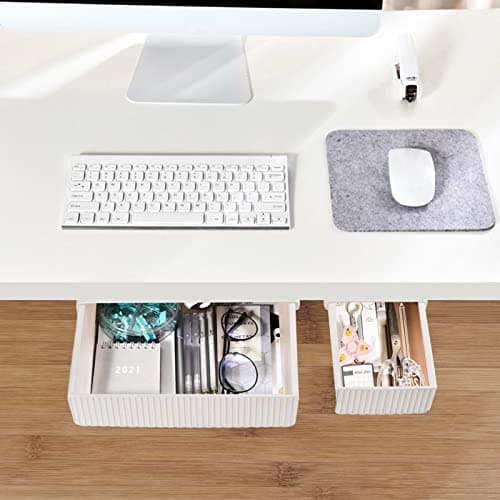 YOOUSOO 2 Pack Under Desk Drawer Storage, Under Desk Organizer, Hidden Self-Adhesive Desks Drawers Slide-out, Stick on Desks Drawer White, Under Mount Drawers for Office/Classroom/Home 7