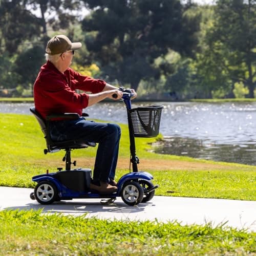 Mobility Scooter for Adults, Senior, Skmc 4 Wheels Electric Powered Chargeable Device for Travel, Lightweight and Portable, with LED Headlights and Basket, Charger Included, Red/Blue (Silver) 8