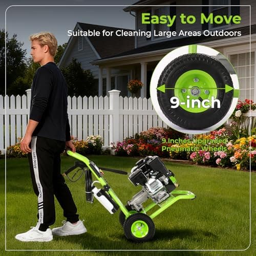 Professional 4200PSI 4GPM 212CC Gas Pressure Washer, 7.0 HP Commercial Gas Power Washer with 1L Foam Bottle 9" Wheels 5 Nozzles 25FT Hose for Home Car Fence Driveway (EPA/CARB/ETL Compliant), Green 6