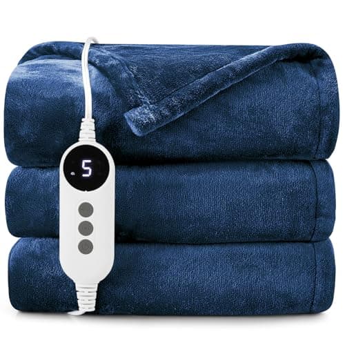 HYLEORY Heated Electric Blanket Throw, 2-Layer Cozy Warm Flannel 50" x 60", Heating Blanket with 9 Heating Levels, 2/4/6/10 Hours Auto Off, Fast Heating Winter Blanket, Navy Blue