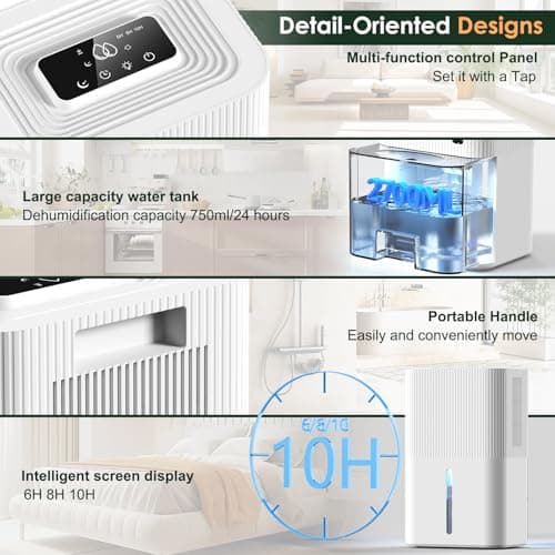 Portable Home Dehumidifier for BasementsQuiet Smart Design with Auto Shut-Off White 6