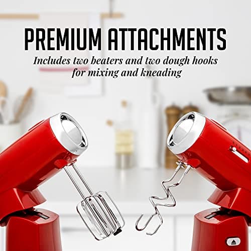 OVENTE Electric Stand Mixer with 3.5 Quarts Stainless Steel Mixing Bowl, 5 Speed Portable and Lightweight 250W Kitchen Mixer for Everyday Use, Includes 2 Egg Beater Whisk and Dough Hook, Red SM680R 7
