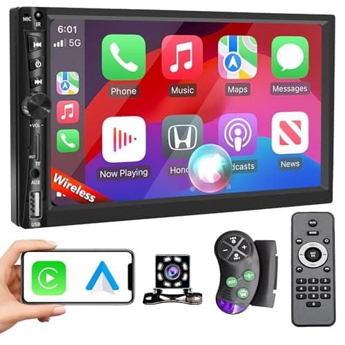 Upgrade Wireless 7" Double Din Car Stereo with Apple CarPlay Android Auto 178 * 102mm,Touchscreen Car Play Radio for Car,Screen for Bluetooth 5.2, Weatherproof Backup Camera,FM,AUX,Card Slot,USB,SWC