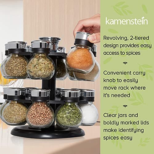 Kamenstein 16 Jar Ellington Revolving Countertop Spice Rack with Lift & Pour Caps and Spices Included, FREE Spice Refills for 5 Years: Black and Chrome 7