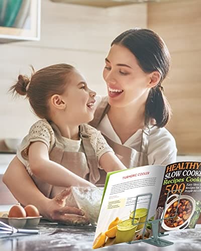 Metal Book Stand for Desk, Adjustable Reading Rest Book Holder, Portable Cookbook Documents Holder, Sturdy Typing Stand for Recipes Textbooks Tablet Music Books with Page Clips (Morandi Green) 7