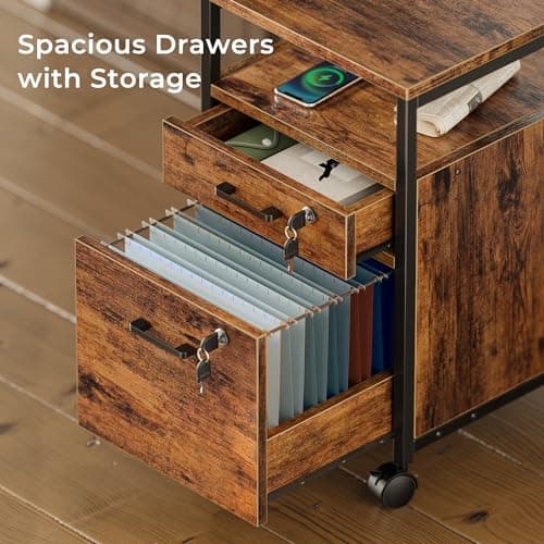 SUPERJARE File Cabinet with Lock & Charging Station, 2 Drawers Rolling Filing Cabinet, Office File Cabinet with Wheels & Open Shelf, for Home Office, A4/Letter Size Files - Rustic Brown 7