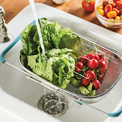 Rachael Ray Tools and Gadgets Over-The-Sink Colander/Strainer, 4.5 Quart, Stainless Steel with Agave Blue Handles 11