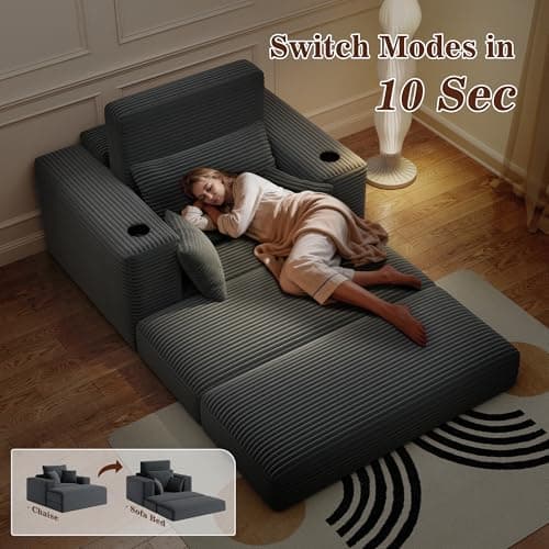 52" Boneless Chaise Lounge Chair Indoor — Oversized Cloud-Like Cozy Comfy Modular 3-in-1 Sofa Bed for Reading, Living Room & Bedroom Corduroy Couch Sleeper, Grey 8