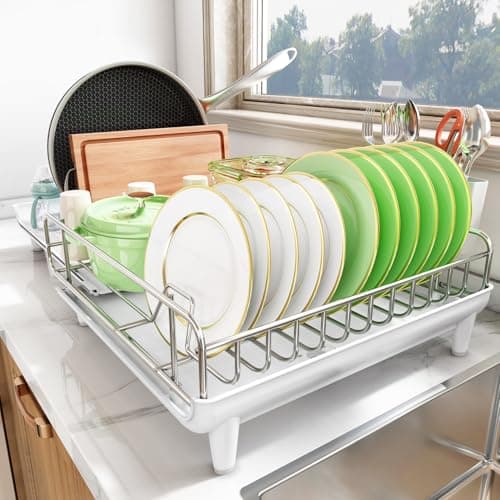 SNTD Dish Drying Rack - Expandable Dish Rack for Kitchen Counter, Large Dish Drainer with Pan Holder, Dish Strainer with Drainboard Cup Holder and Utensil Holder, White 6
