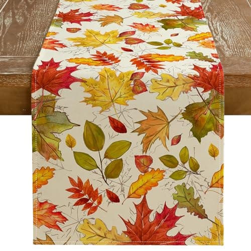 GEEORY Fall Table Runner 13x72 Inch, Maple Leaves Rustic Thanksgiving Farmhouse Decor Table Decoration for Kitchen Dinning, Indoor Outdoor Dinner Party (Orange Red Green Leaves) GT115-72