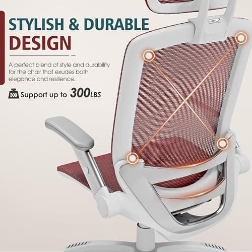 GABRYLLY Ergonomic Office Chair, High Back Home Desk Chair with Headrest, Flip-Up Arms, 90-120° Tilt Lock and Wide Cushion, 300LBS Mesh Chairs for Man Woman, White Task Chair(Red,GY01WR) 7