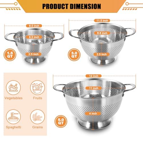 Stainless Steel Colander Set of 3 (1.5-3-5Quart) | Durable Rice and Pasta Strainer with Handle | Oversized Handles | Nesting Design | Rust-Resistant & Dishwasher Safe 2