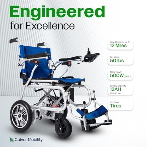 Culver Artemis Pro Lightweight Foldable Electric Wheelchairs for Seniors - 2x250W Motor Power Wheelchair - Long Range Travel/User Friendly Electric Wheelchairs for Seniors (Blue) 2