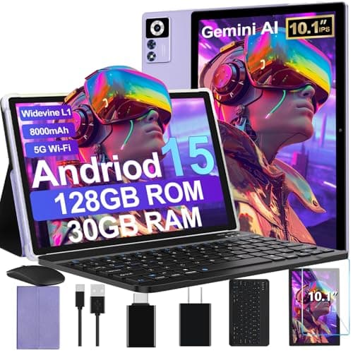 2026 Android 15 Tablet with Keyboard | Gemini AI, 30GB+128GB Octa-Core Electronics Tablets w/ 10 Inch IPS HD Display, 8000mAh, 5G WiFi, 1TB Expand, Mouse+Case, BT 5.0, Widevine L1, Metal Body -Purple