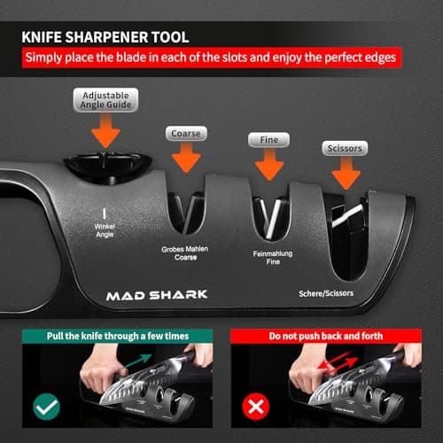 MAD SHARK Knife Sharpener, 6 Adjustable Sharpening Angle, Coarse & Fine Knife Sharpener Tool, Handheld Manual Knives Sharpener for Kitchen Knives, Pocket , Scissors, LARGE, Black 5