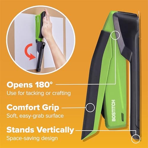 Bostitch Office InPower Spring-Powered Desktop Stapler, 20 Sheet Capacity, One Finger Stapling, Includes 210 Staples, Jam Free, Opens for Tacking, Green 6