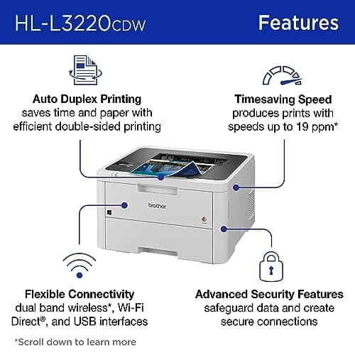 Brother Color Laser Printer with Wireless Printing Fast 19 PPM Output, Duplex Feature, Mobile Device Compatible, 250-Sheet Paper Tray for Professional Home Office Printing (HL-L3220CDW) 3