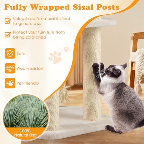 PETSITE 41 Inch Modern Cat Tree for Indoor Cats, Multi-Level Cute Cat Tree with Scratching Posts, Hand-Made Wicker Cat Condo & Top Perch, Dangling Ball, and Sisal Rope, Beige 7