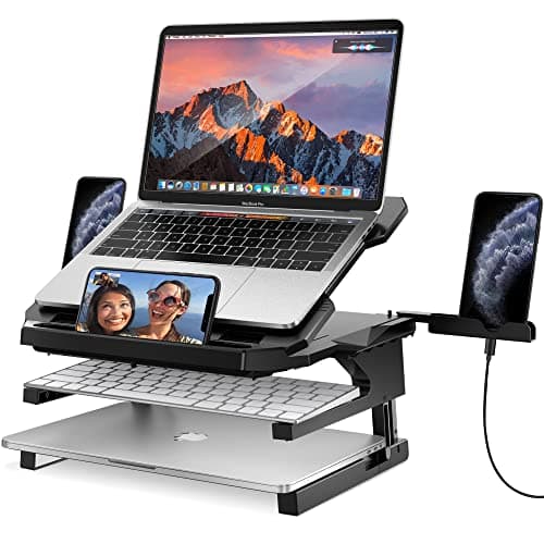 AboveTEK Laptop Stand, 20 Angles Two-Layer Height Adjustable Laptop Stands, Portable Laptop Riser with 360 Rotating Base Storage Space & Extra Phone Holders Compatible with 10''-17'' Laptops Black