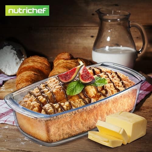 NutriChef 4 Piece Glass Loaf Pan Set with Lids - Stackable 1.9 QT/62oz Glass Bread Baking Dishes - 2 Food Storage Containers + 2 Airtight Lids, Oven & Microwave Safe, Dishwasher Safe - Clear 7