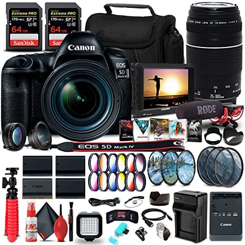 Canon EOS 5D Mark IV DSLR Camera with 24-70mm f/4L Lens (1483C018) + Canon EF 75-300mm f/4-5.6 III Lens (6473A003) + 4K Monitor + Pro Mic + 2 x 64GB Memory Card + Color Filter Kit + More