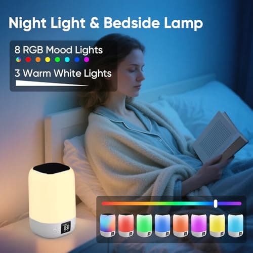Night Light Bluetooth Speaker Alarm Clock, Sound Machine with White Noise, Touch Bedside Lamp for Bedroom, Dimmable Warm Light, 8 RGB Color Changing, Ideal Gift for 10-15 Year Old Teenage Boys Girls 5