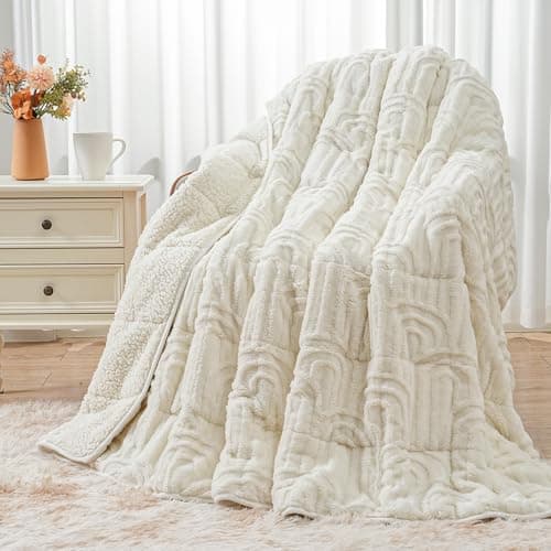 Wemore Jacquard Fleece Weighted Blanket Queen Size 60" x 80" 15lbs, Ultra Soft Cozy Sherpa Weighted Blankets for Adults, Ultra Fuzzy Heavy Blanket for Sleep, Fluffy Warm Throw for Bed, Cream White