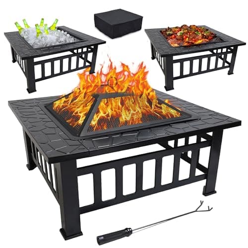 GasOne 32-inch Metal Fire Pit - Modern Outdoor Fireplace with Screen - Perfect for Camping, Heating, Bonfires & Picnics