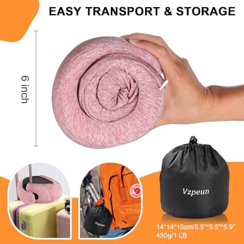 Vzpeun Travel Pillow - Hooded Neck Pillow Airplane Memory Foam Filling for Plane, Cars Sleeping, Road Trip, Long Flights, Portable Plane Accessories, Includes Eye Mask & Earplugs (Red) 6