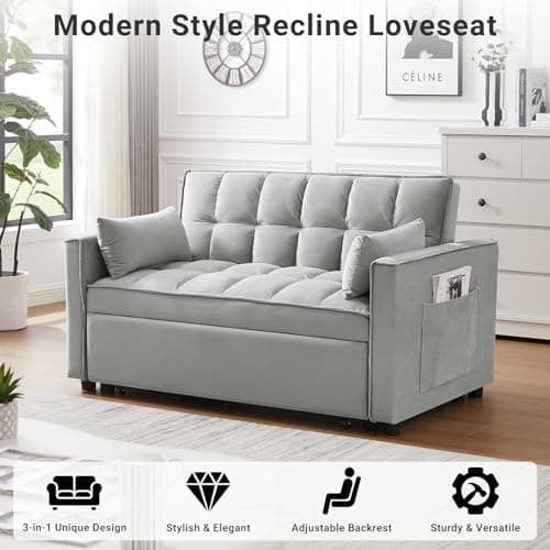 Skepphlay 3 in 1 Convertible Sofa Bed, Pull Out Couch with 3-Level Adjust Backrest, Loveseat Sleeper Recliner with Storage Pockets and 2 Pillows, Velvet Chaise Lounge for Living Room, Gray, Full Size 6