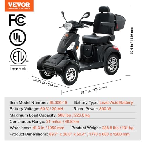 VEVOR Heavy Duty 4-Wheel Mobility Scooters for Seniors & Adults, 500lbs Capacity - 31 Miles 3-Speed Long Range, 800W All Terrain Electric Recreational Scooter Wheelchair with 25° Max Climbing Capacity 7