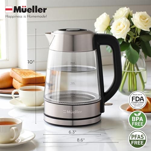 Mueller Rapid Boil Electric Tea Kettle 1.8L – Borosilicate Glass & Stainless Steel – BPA-Free Hot Water Boiler, LED Light, Auto Shut-Off, Boil Dry Protection Fast Water Heater – Kitchen Appliances 8