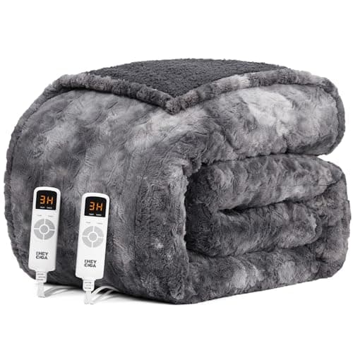 EHEYCIGA Electric Heated Blanket Queen Size Faux Fur, 10 Hours Auto Shut Off 9 Heating Levels Heating Blanket with Dual Control, Soft Warm Heated Blanket Fast Heating Grey, Faux Fur & Sherpa