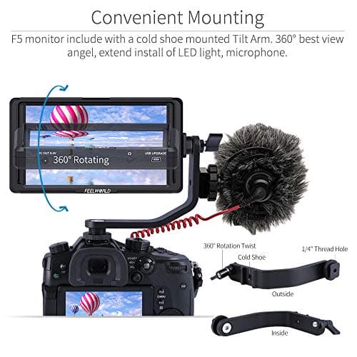 FEELWORLD F5 5 Inch DSLR On Camera Field Monitor Small Full HD 1920x1080 IPS Video Peaking Focus Assist with 4K HDMI 8.4V DC Input Output Include Tilt Arm 6