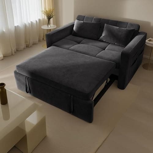 YITAHOME 55" Convertible Sofa Bed, Velvet Sleeper Sofa with Pull-Out Bed, 3-in-1 Futon Couch with Reclining Backrest and Side Pocket, Modern Loveseat for Living Room, Black, Full Size