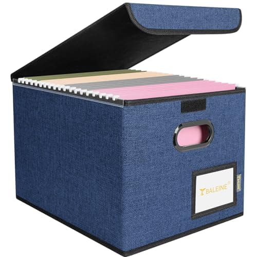 BALEINE File Organizer Box with Lid, Collapsible File Folder Organizer with Plastic Slide, Hanging File Folder Box for Office Document Storage (1 Pack, Blue)