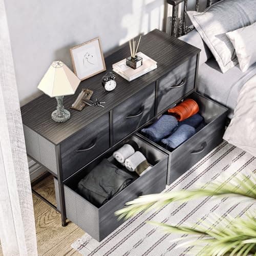 YITAHOME Dresser with 5 Drawers - Fabric Storage Tower, Organizer Unit for Bedroom, Living Room, Closets - Sturdy Steel Frame, Wooden Top (Cool Black Wood Grain) 5