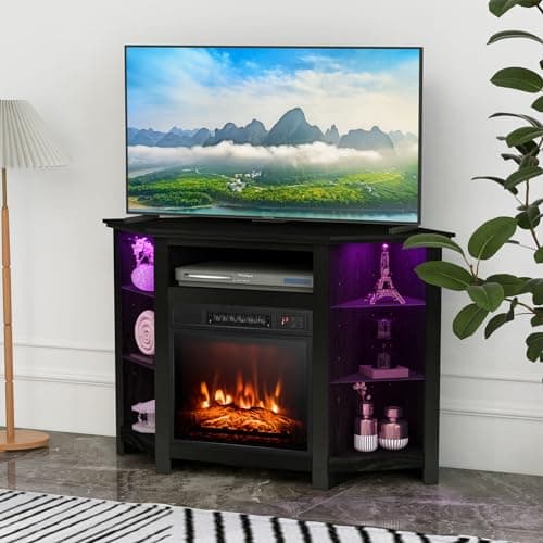 GOFLAME Corner Fireplace TV Stand with LED Lights for TVs up to 50”, Modern Entertainment Center with Electric Fireplace, Remote & Smart APP Control, TV Console with Adjustable Glass Shelves, Black 9