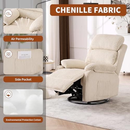 Adult 360° Rocking Recliner Chair，Nursery Rocker Reclining Chair with Side Pocket, a Comfy upholstered Single Sofa Armchair. Suitable for Living Room, Bedroom Nursing use, Velvet Fabric in Beige 5