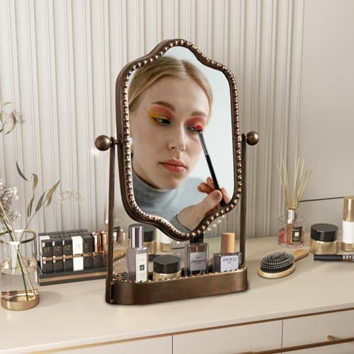 HuiDao Vintage Tabletop Makeup Mirror with Tray, Metal Antique Decorative Mirror with Stand, 360°Swivel Retro Desktop Dressing Mirror Countertop, Bedroom,Bathroom, Living Room 7