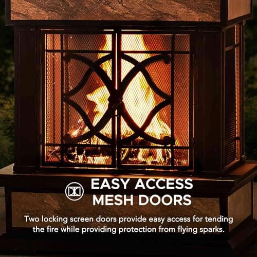 Sunjoy Outdoor Fireplace, Heirloom Patio Wood Burning Steel Fireplace with Chimney, Spark Screen, Fire Poker, and Removable Grate, Black 8