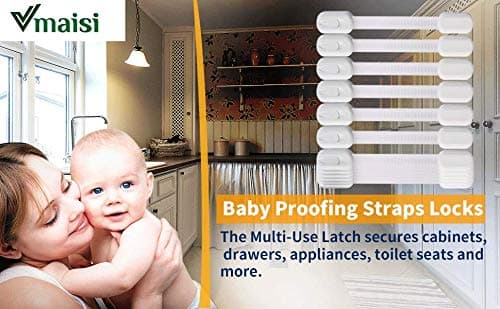 6 Pack Vmaisi Multi-Use Adhesive Straps Locks - Childproofing Baby Proofing Cabinet Latches for Drawers, Fridge, Dishwasher, Toilet Seat, Cupboard, Oven,Trash Can, No Drilling (White) (6) 6