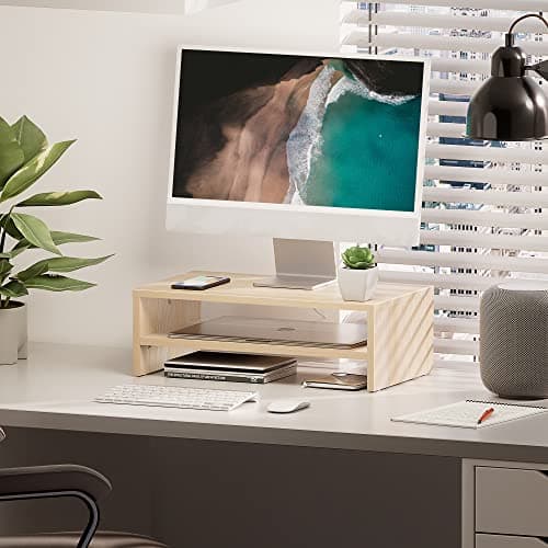FITUEYES Monitor Stand - 2 Tier Computer Monitor Riser Shelf, Wood Desktop Stand for Laptop Computer Screen, Desk Organization, Office Supplies 6