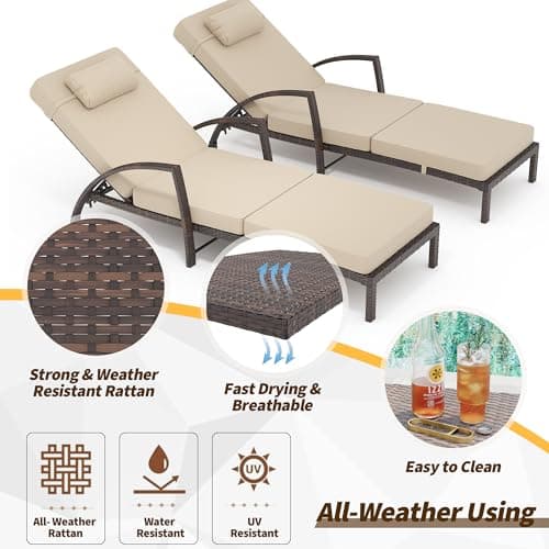coucheta Outdoor Chaise Lounge Set of 2 Rattan Patio Folding Chaise Lounge Adjustable 5 Position Back Patio Pool Lounge Chair with Cushion Pillow for Poolside Backyard Deck Porch Khaki 5
