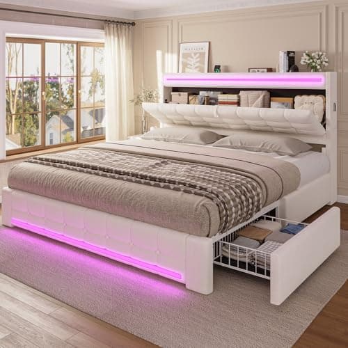 ADORNEVE King Bed Frame with Storage Headboard & 4 Drawers, LED Bed Frame King with Charging Station, Velvet Upholstered Platform Bed Frame with Button Tufted, No Box Spring Needed, Creamy White