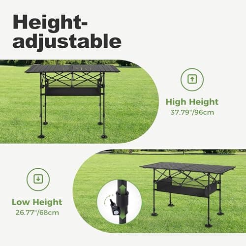 LET'S CAMP Folding Camping Table, Portable Aluminum Roll-up Picnic Backpacking Table with Adjustable Height, Large Storage and Carrying Bag for Picnic, Camping, BBQ, Party, Backyard, Beach 5