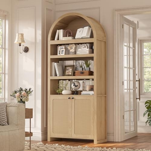 81" Tall Arched Cabinets,Bookcase with storage,Mid-Century Modern 6-Tier Bookshelf with Door,2 Book Risers and Adjustable Shelves offering more storage space for Living Room,Kitchen,Home Office,Oak