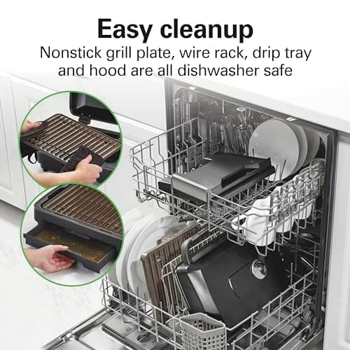 Hamilton Beach Electric Indoor Grill with Hot and Cold Smoke Infuser, 150°F - 450°F Temperature Control For Searing, Vented Hood and Fan, 116 Sq. In. Non-Stick Cooking Surface, Black (25375) 6